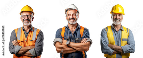 Middle age man construction worker smiling with arms crossed
