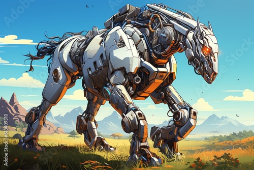 Robot horse galloping on a lush meadow at sunrise