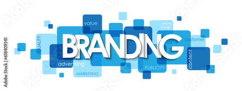 BRANDING vector typography banner on blue squares with keywords