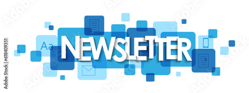 NEWSLETTER vector typography banner on blue squares with symbols