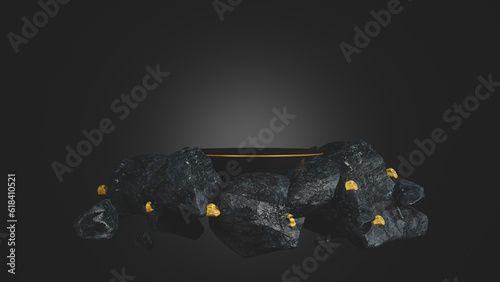 Elegant Premium Products Display of black rock - Stunning 3D Render with black podium and gold rock on black background.
