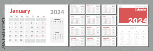 2024 Calendar Planner Template. Vector layout of a wall or desk simple calendar with week start Monday. Calendar grid in grey color for print