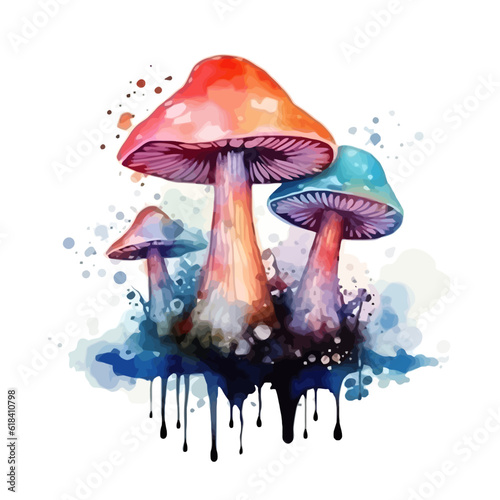 Watercolor magic mushroom on white background