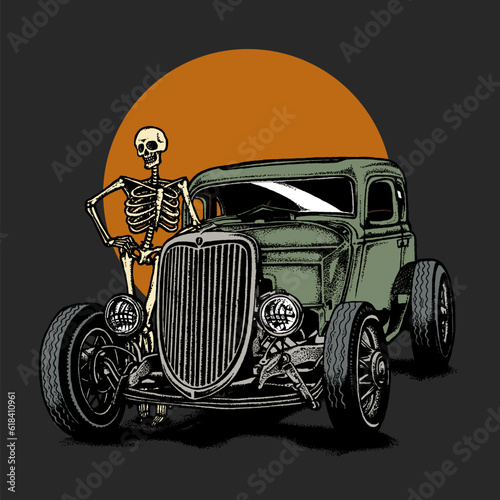 vector t-shirt or poster design with illustration of custom hot rod. hand drawn illustration.