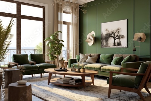 Stylish living room featuring a close-up of a sofa with rich textures, indoor plants, and elegant lighting © aboutmomentsimages