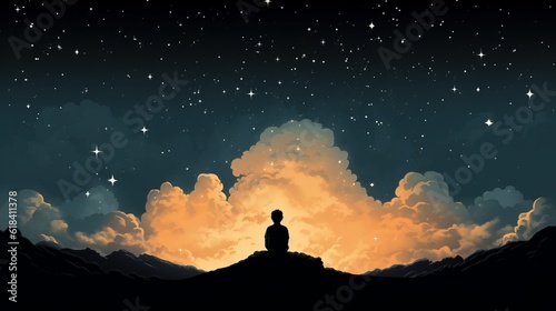 Minimalist portrayal of a person sitting on a cloud, gazing at the stars, representing wonder and contemplation | generative ai