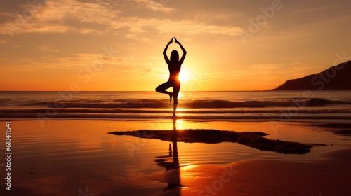 Silhouette of a person practicing yoga on a beach, surrounded by gentle waves and a setting sun | generative ai