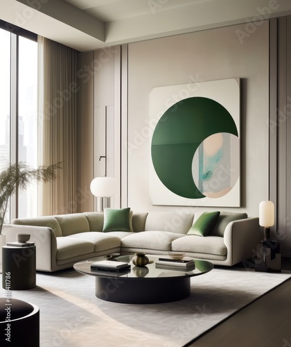 Elegant living room with a close-up of a comfortable sofa, area rug, and luxurious modern furniture