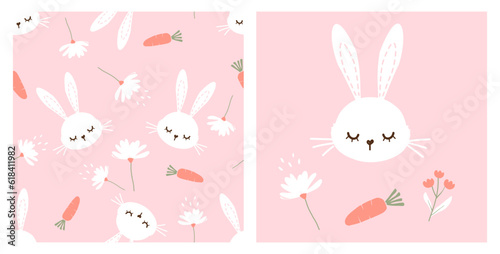 Seamless pattern with bunny rabbit cartoons, carrot  and daisy flower on pink background vector illustration. Cute childish print.