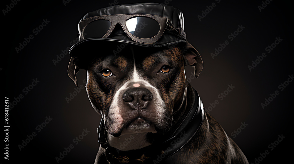 American Staffordshire Terrier mit Hut und Brille, Portrait, Generative AI