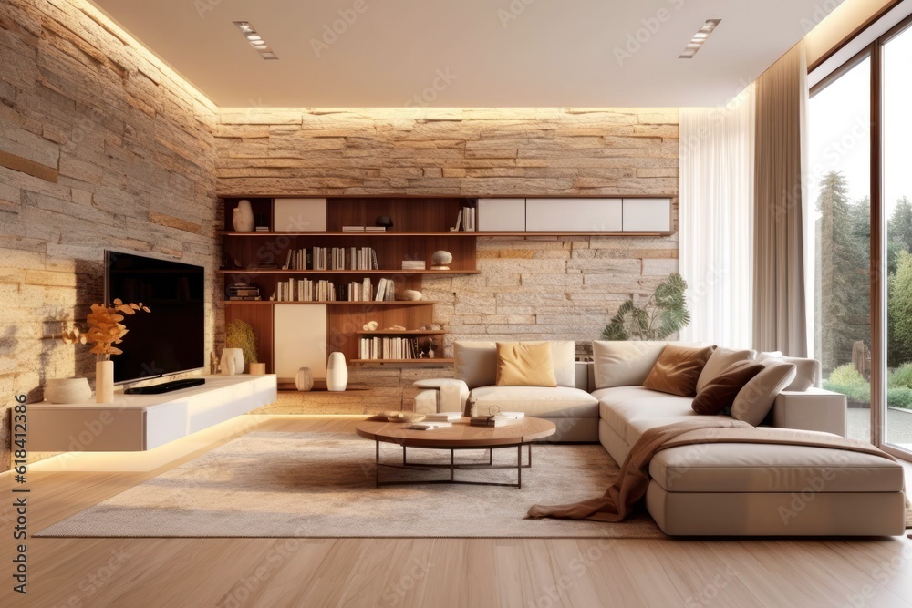 Fototapeta premium Modern living room showcasing a chic sofa close-up, sleek design, and hardwood floors