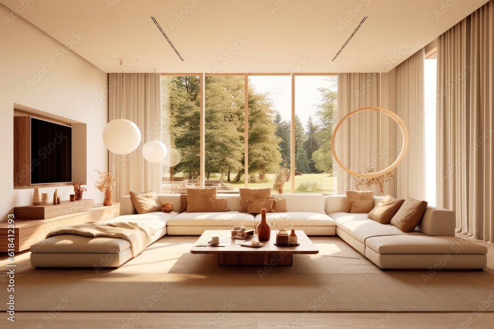 Fototapeta premium Modern living room showcasing a chic sofa close-up, sleek design, and hardwood floors