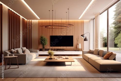 Modern living room showcasing a chic sofa close-up  sleek design  and hardwood floors