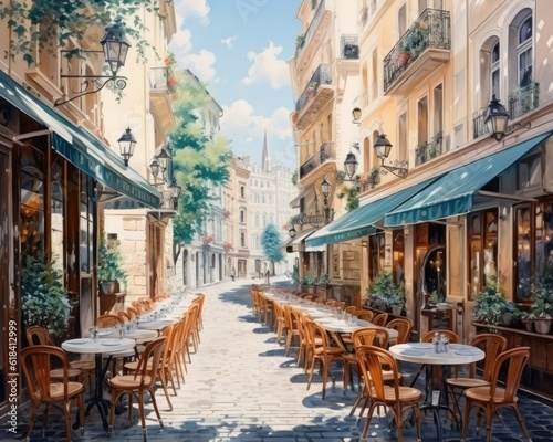 An empty Provencal-style outdoor restaurant in summer illustrated watercolor-style. (Illustration, Generative AI)