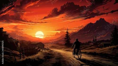 At sunset, a man rides a bicycle downhill. (Illustration, Generative AI) © HandmadePictures