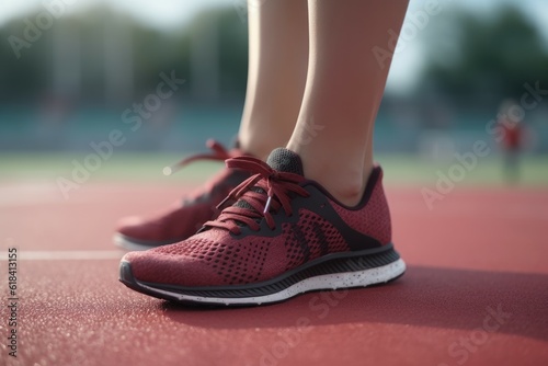 Athlete female shoes on track. Generate Ai