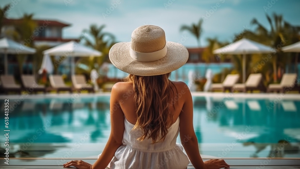 Woman is relaxing, woman wearing white dress sitting by the pool inside a resort hotel.