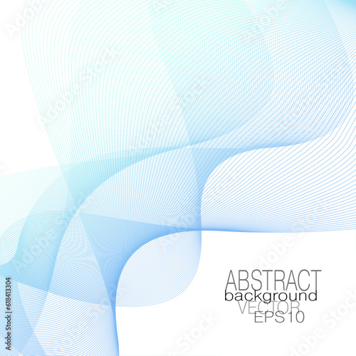 Waving light blue, cyan transparent veil. Squiggle pastel colored thin curves. Line art pattern. Vector abstract net design. Dynamic wave soft moire. Elegant flying scarf. White background. AI format