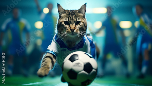 cat playing ball in futsal field.  photo