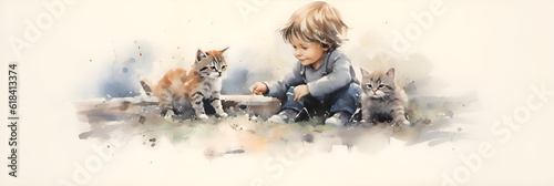 Banner of a soft watercolor painting of a child playing with its two kittens,, in the style of childlike watercolor illustrations, photorealistic  outdoor art, Midjourney AI