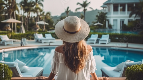 Woman is relaxing, woman wearing white dress sitting by the pool inside a resort hotel. © Art.disini