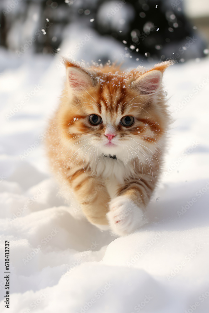 Fototapeta premium Cute little kitten stepping in the snow