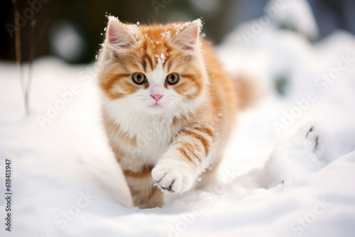 Cute little kitten stepping in the snow