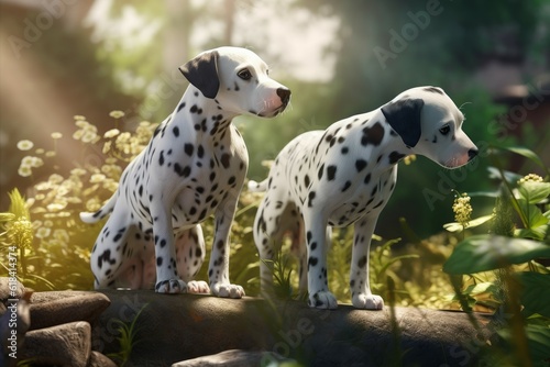 Dalmatians dogs garden summer. Generate Ai