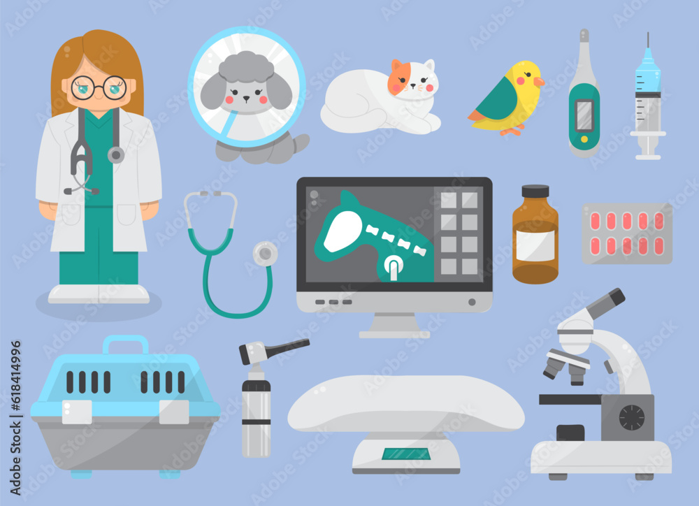 Obraz premium Veterinary professional equipment clinic set for healthcare service or medical center for animals