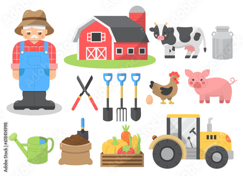 Farmer with professional farm equipment set. for graphic designer create artwork