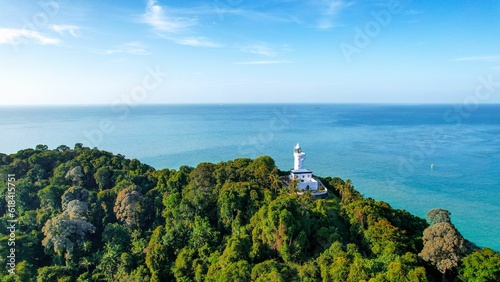 Fényképezés Aerial view of Tanjung tuan lighthouse on a lush green cliff in Malacca