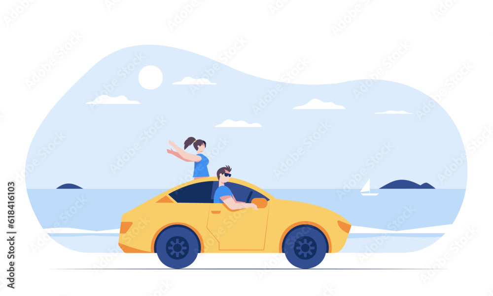A young man goes to the beach with his girlfriend by car.