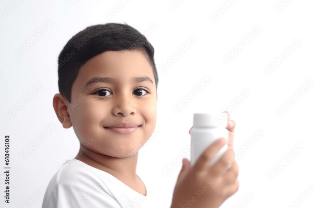 Cute asian boy holding a bottle of medicine on white background, Generative AI Cute asian boy holding a bottle of medicine on white background, Generative AI