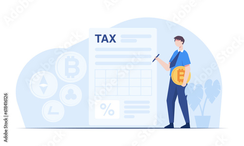 Young trader calculates taxes on cryptocurrency trading payable to government. © Johnstocker