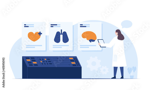 Doctors analyze the patient's heart, lungs and brain for treatment on virtual interface on laboratory