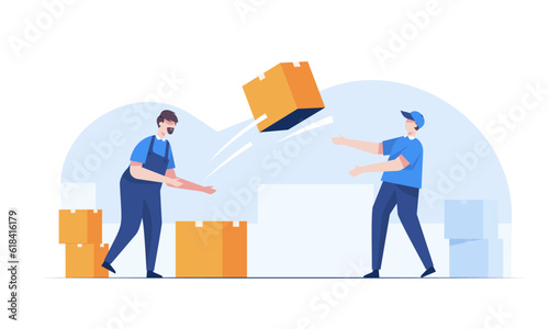 Warehouse staff wearing uniform Loading parcel box and checking product from warehouse.