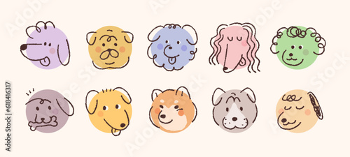 Cute dog face pictogram icon. A collection of simple face stickers drawn with pencil lines on a circle.