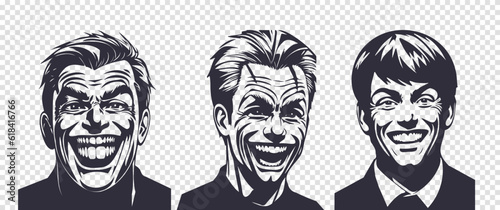 Vector set of monochrome graphic portraits of strange men with a crazy smile. Stickers or icons. Isolated background.