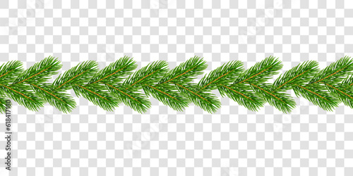 Christmas branch border 3D. Green garland isolated white transparent background. Template texture holiday banner, decoration, invitation, New Year card. Elegant realistic design Vector illustration