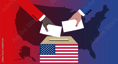The hands of an African American and a Caucasian man throw their vote into the ballot box.