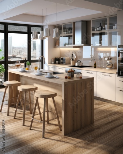 This kitchen is modern, bright, and includes white lacquer and wood. (Illustration, Generative AI)