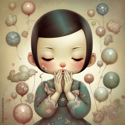 AI generated illustration of a cute girl with closed eyes on the background of balloons photo