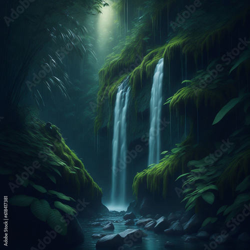 Fantasy waterfall in deep forest. 3d illustration. © MrBaks