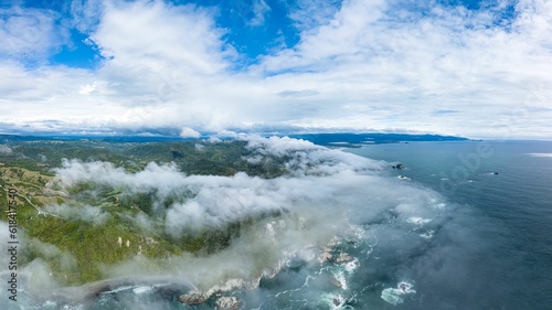 Aerial dramatic view of the Pacific Ocean coastline at Chiloe Island, Chile