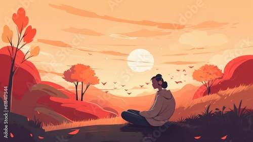 AI generated illustration of a woman enjoying the sunset in the park while listening to music © Consafos/Wirestock Creators