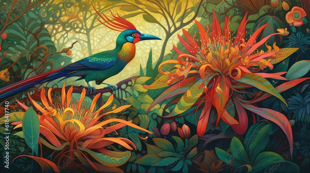Obraz premium Tropical wallpaper background with plants and birds