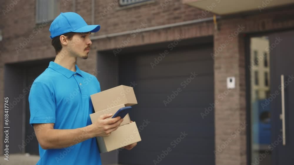 Male Courier Going Along Building Holding the Paper Boxes and Mobile Phone in Hand. Delivery Man Looking for Delivery Address on Street Using Smartphone While Delivering Outdoors Male Courier Going Along Building Holding the Paper Boxes and Mobile Phone in Hand. Delivery Man Looking for Delivery Address on Street Using Smartphone While Delivering Outdoors