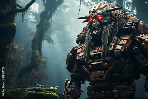 Robot Samurai in a dense ancient Japanese forest