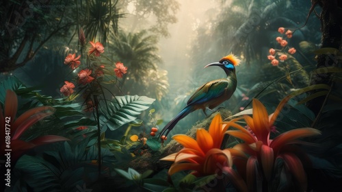 Tropical wallpaper background with plants and birds
