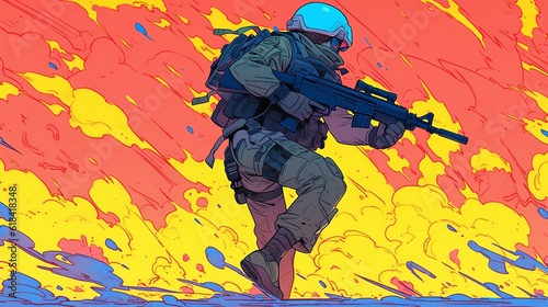 Soldier in camouflage running under heavy fire